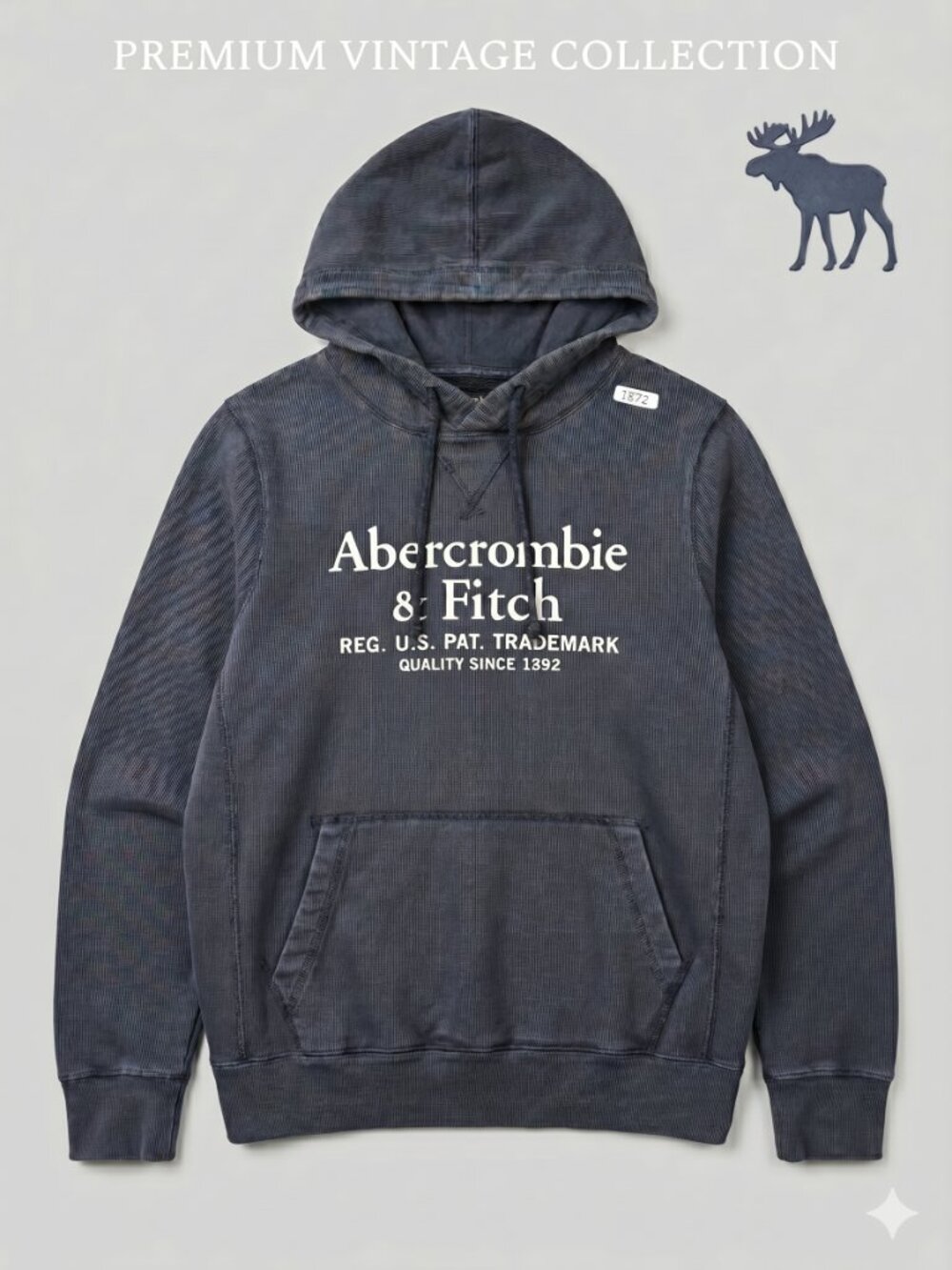 VTG Abercrombie & Fitch Spellout Hoodie L Navy Blue Faded Wash Pullover